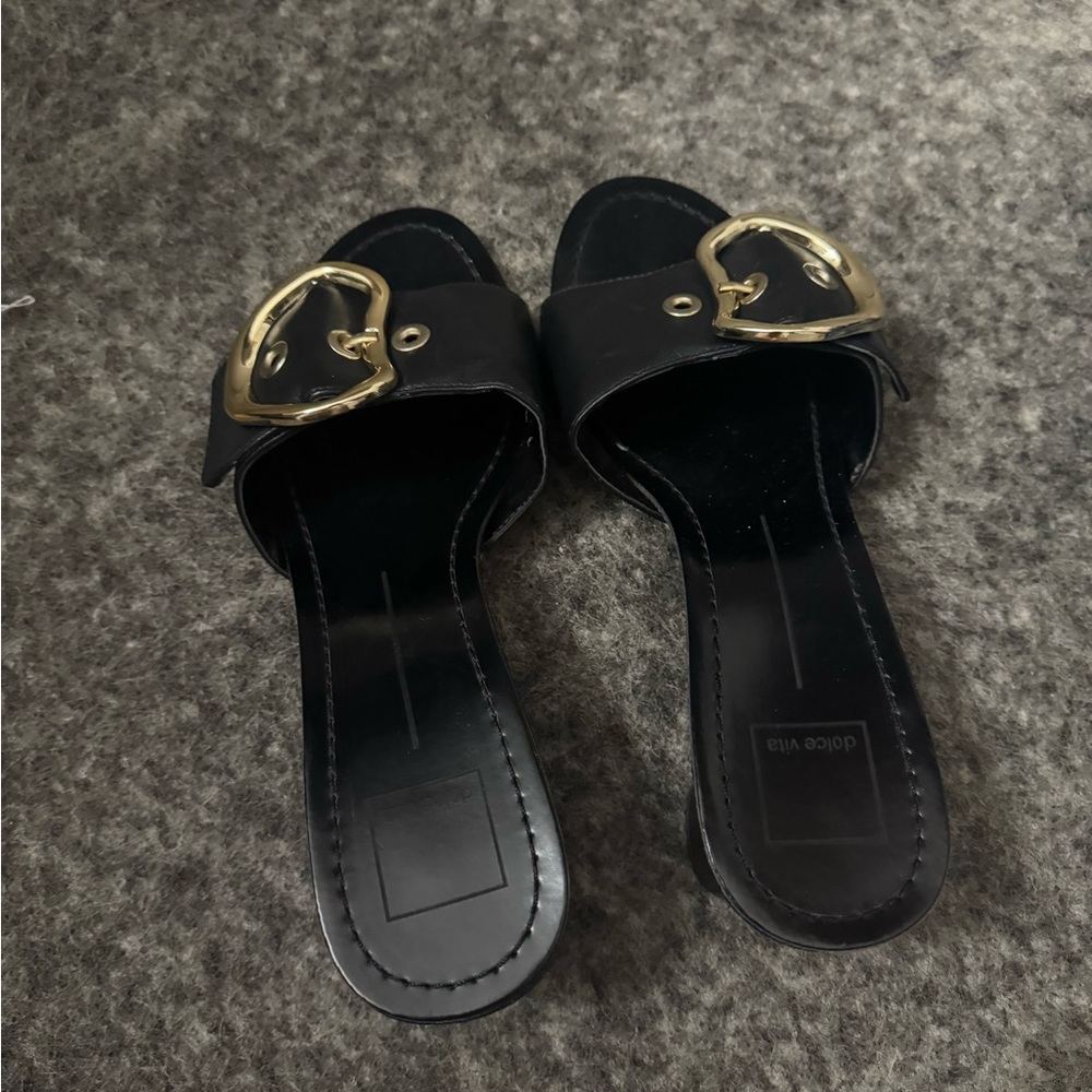 Dolce Vita Black Slide Sandals with Gold Buckles